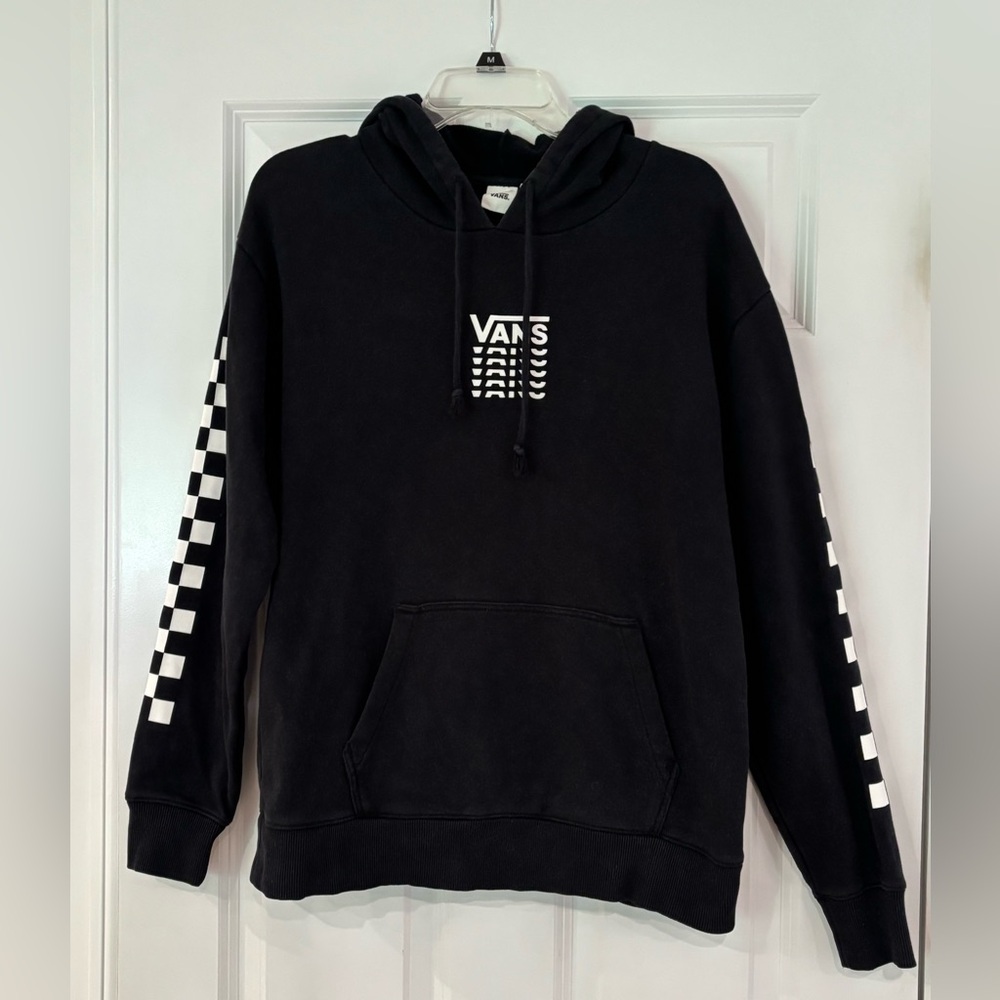 Vans Black Hoodie with White Checkerboard Sleeves - Size S